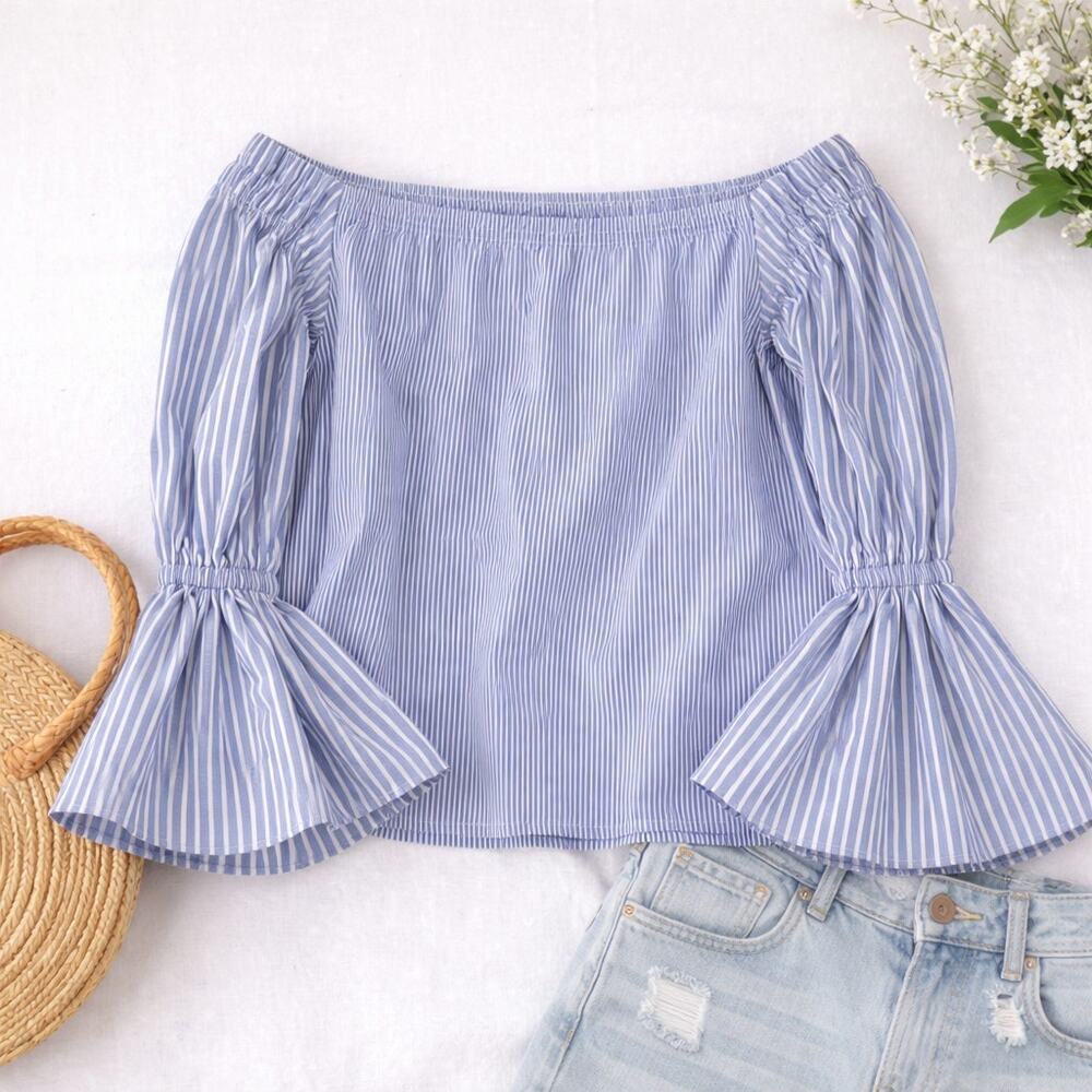 Alexis Juniper Blouse Blue Stripe Off Shoulder Bell Sleeve Top Small